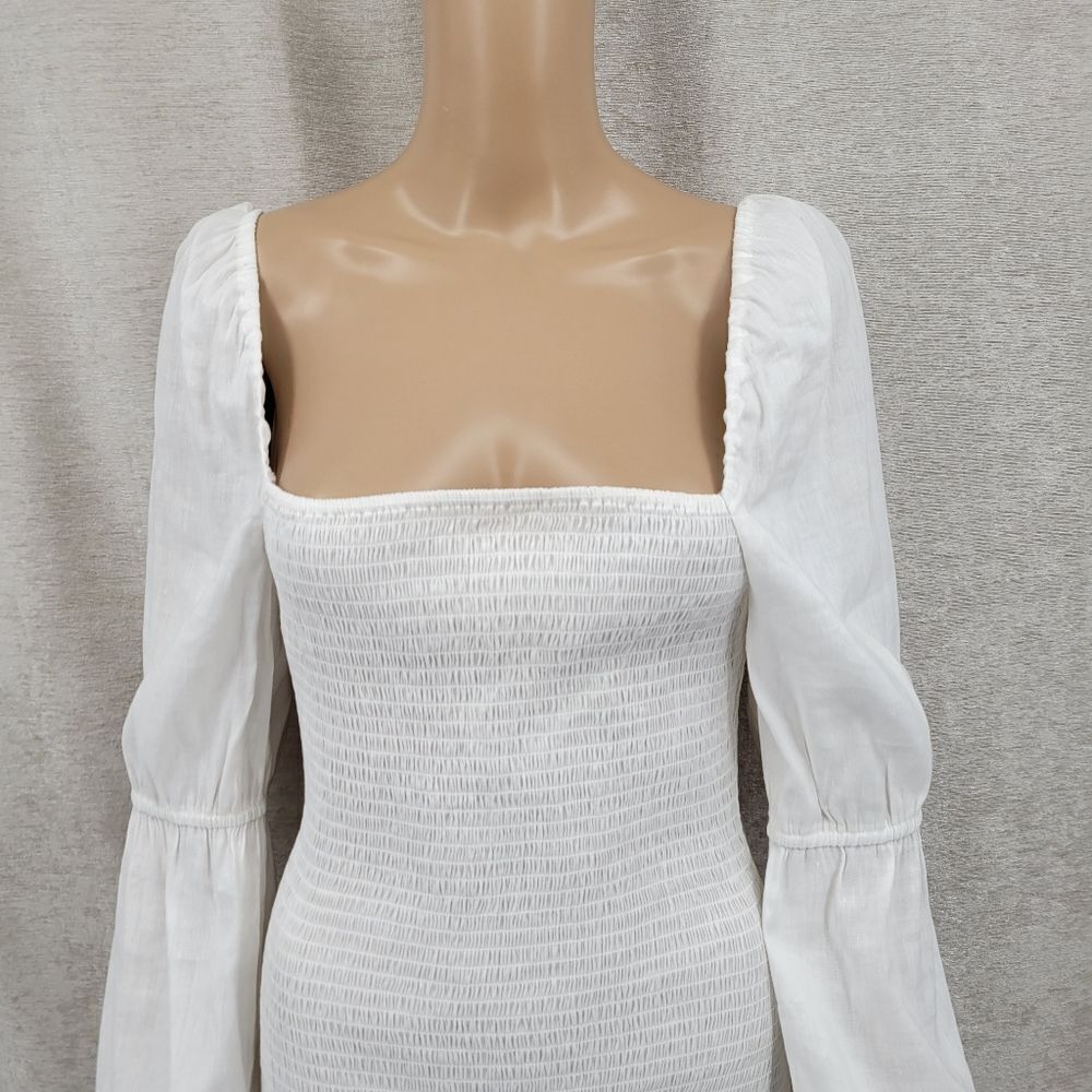 Gianni Bini Tally Smocked Linen Blend White Puff Long Sleeve Dress Large NEW - Picture 5 of 16